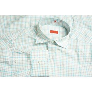 Isaia Napoli White Gray Plaid Spread Collar Dress Shirt Sz 15.5 Brand New